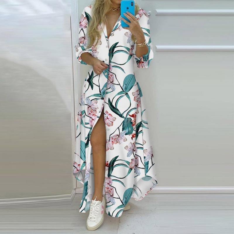 2023 spring Amazon cross-border wish dress women's temperament printed single-breasted split shirt dress