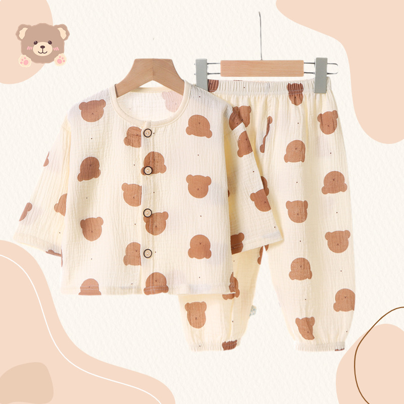 Children's Cotton and Linen Home Clothes Boys' Double-layer Cotton Gauze Girls' Short-sleeved Thin Suit Baby's Summer Air Conditioning Pajamas