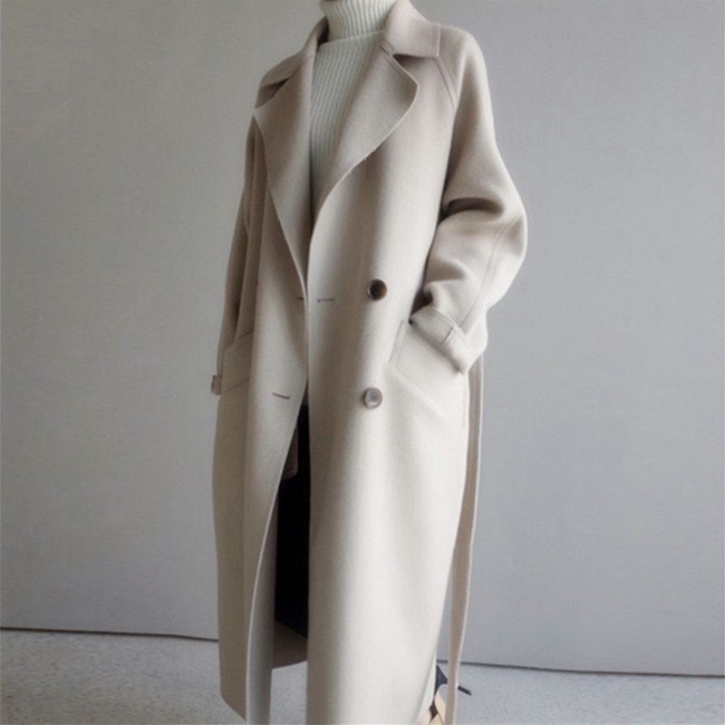 Cappotto di lana sopra il ginocchio stile Harajuku lungo e aderente in vita di Waitmore, in lana beige di media lunghezza, nuovo inverno 2023_voghion.com