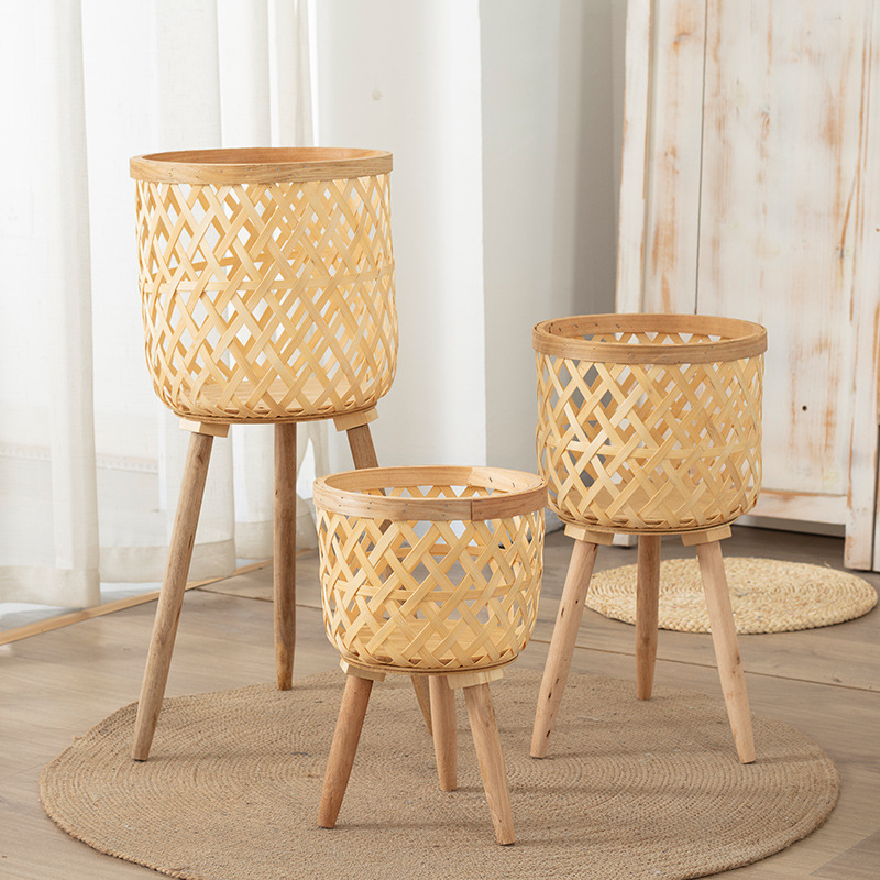 Nordic ins Style Living Room Plant Bamboo Flower Basket Decoration Turtle Bamboo Rattan Flower Pot Balcony Flower Rack Woven Basket