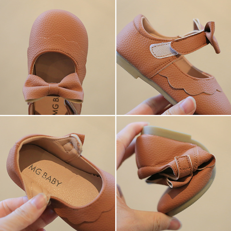 Children's small leather shoes 2023 spring new soft bottom bow princess shoes girls Korean casual hook and loop shoes