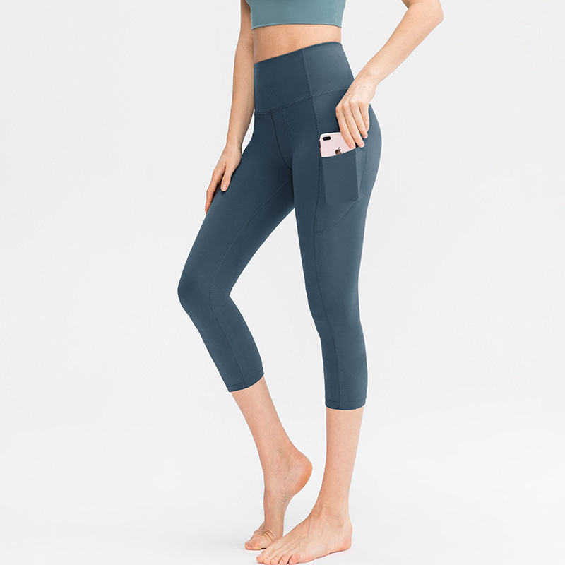 Naked Double-sided Skin-friendly Yoga Cropped Pants Pocket Women's Stretch Tight Hip Fitness Running Pants 02338
