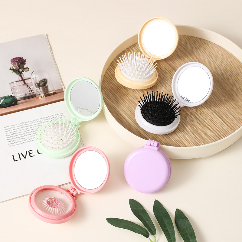 Folding cute mini portable round airbag mirror comb integrated comb with mirror flip ins style factory wholesale