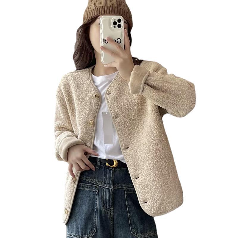 Faux lambswool fleece round neck cardigan long sleeve coat 2023 autumn and winter New windproof fleece jacket 461660