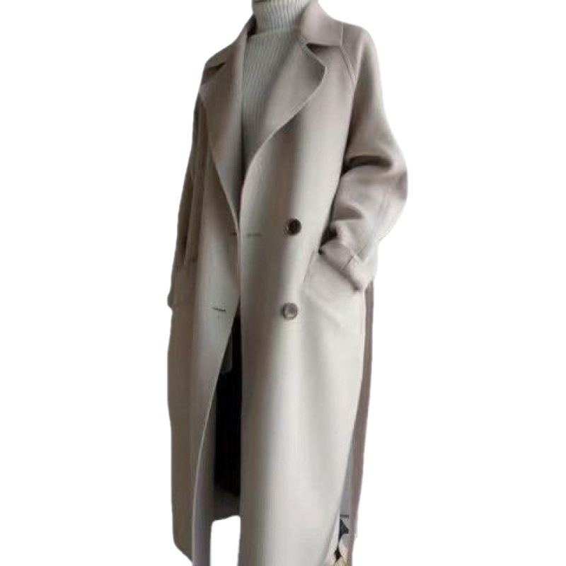 Cappotto di lana sopra il ginocchio stile Harajuku lungo e aderente in vita di Waitmore, in lana beige di media lunghezza, nuovo inverno 2023_voghion.com