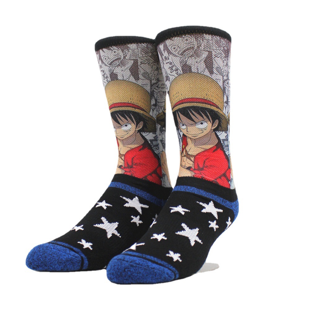 trendy-one-piece-anime-mid-calf-socks-towel-bottom-printed-socks-red-haired-shanks-luffy-nami-cool-design-cotton-sports-casual