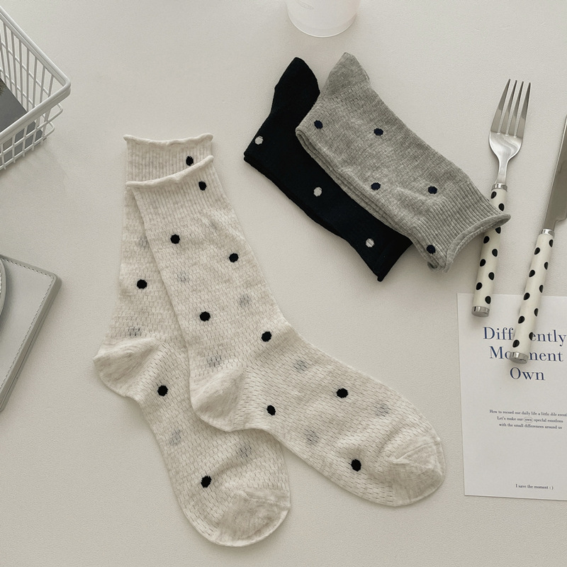 Polo Dot Socks Children's Mid-length Socks Ins Trendy Summer Thin Cotton Japanese Student Mesh Breathable Curled Pile Stockings