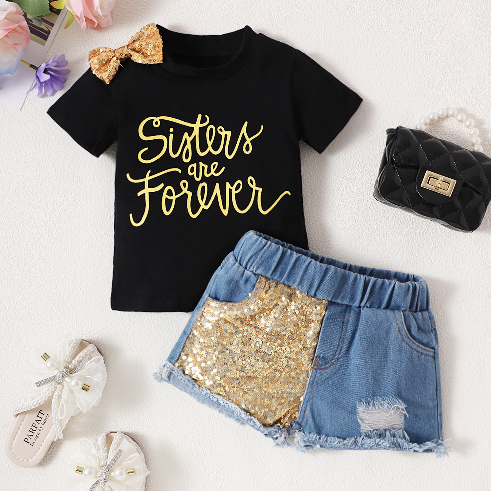 Alibaba.com Best Selling Children's Butterfly Bow Short Sleeve Letter Top + Gold Edge Sequin Denim Shorts