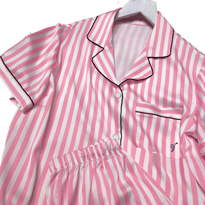 Simple ice silk pajamas women's summer new short sleeve pink stripes can be worn high-end sense home clothes suit wholesale