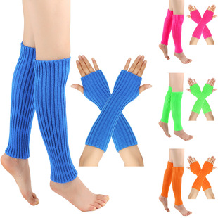 Cross-border Fluorescent Bright Color Wool Foot Cover Autumn and Winter Warm Stacked Socks Boots Knitted Gloves Leg Set JK Tide
