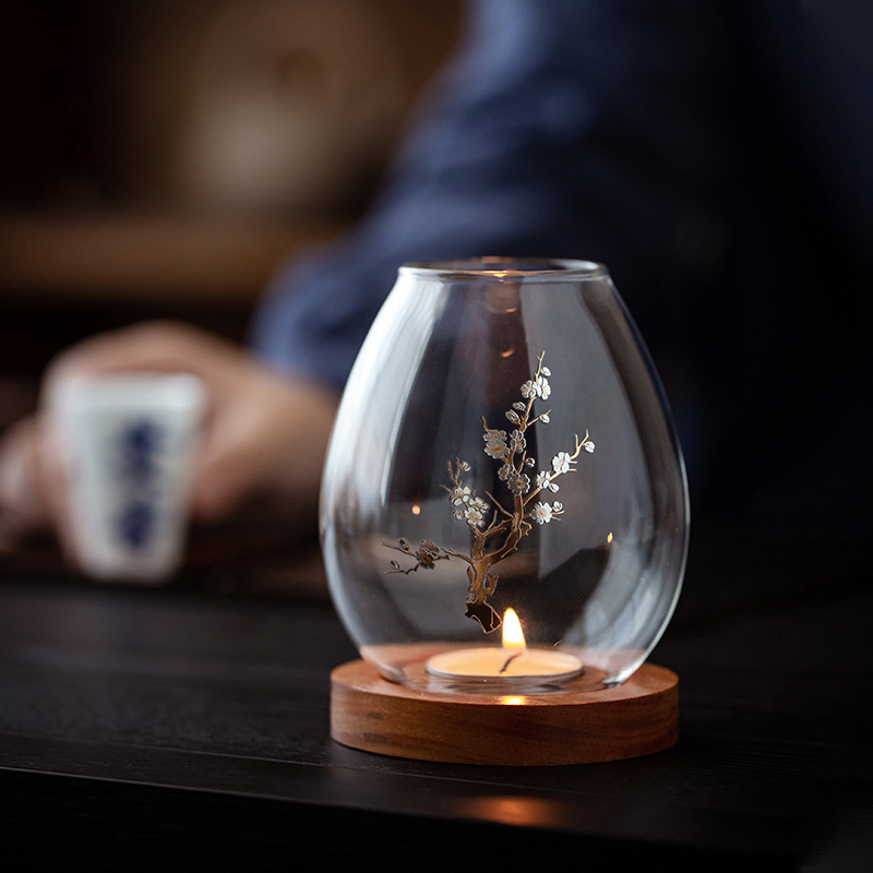 Transparent Glass Candle Holder Chinese Style Ornaments Romantic Candlelight Dinner Zen Style Vintage Household Windproof Candle Cover