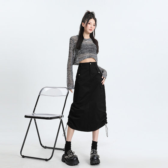 American Style Workwear Skirt Women's 2023 Summer High Waist A- Line Slimming Casual All-match Drawstring Split Mid-length Skirt