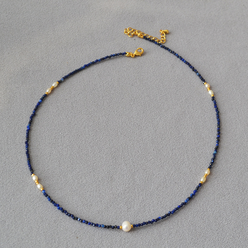 Korean niche design faceted lapis lazuli beaded freshwater rice small pearl extremely fine simple temperament short necklace