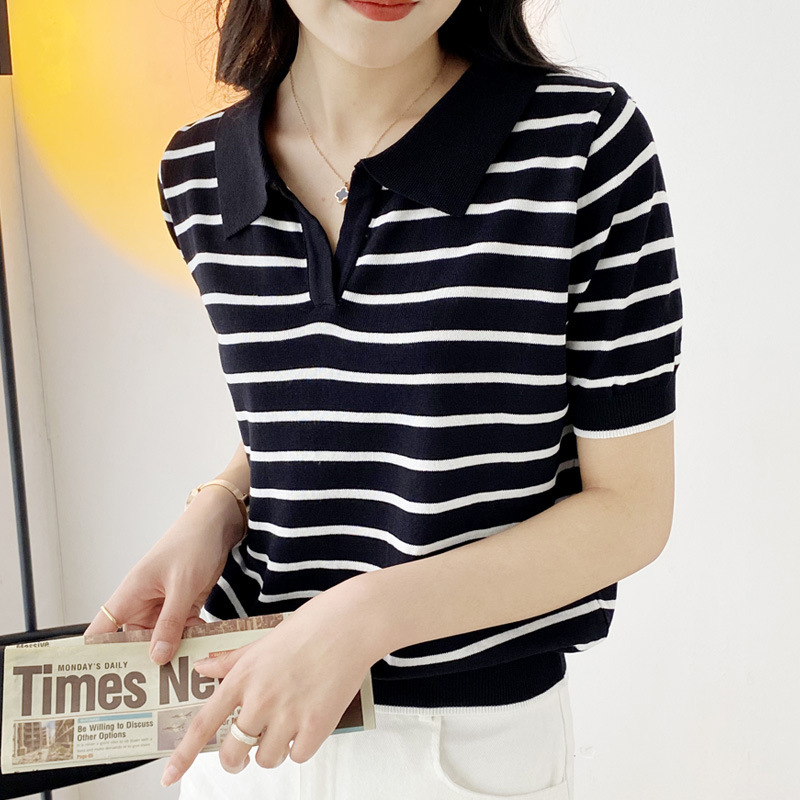 Polo Shirt Summer 2023 New Korean Striped Short-sleeved Knitted Shirt Women's Thin Slimming Polo Collar T-shirt