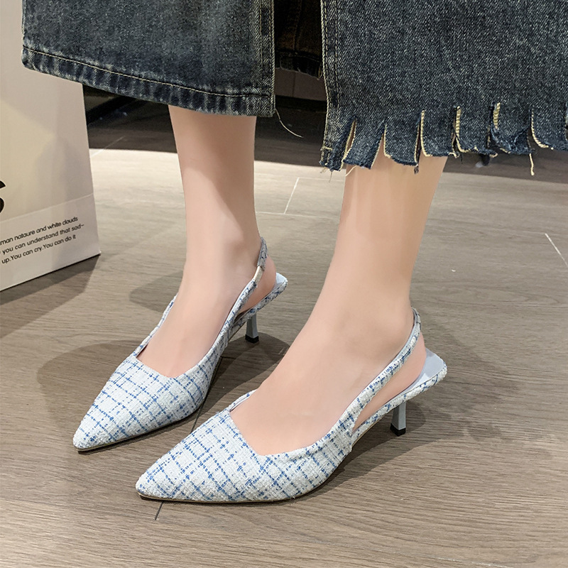 French Chanel style high heel closed toe sandals for women 2023 new summer stiletto heel pointed toe slip-on shoes wholesale delivery