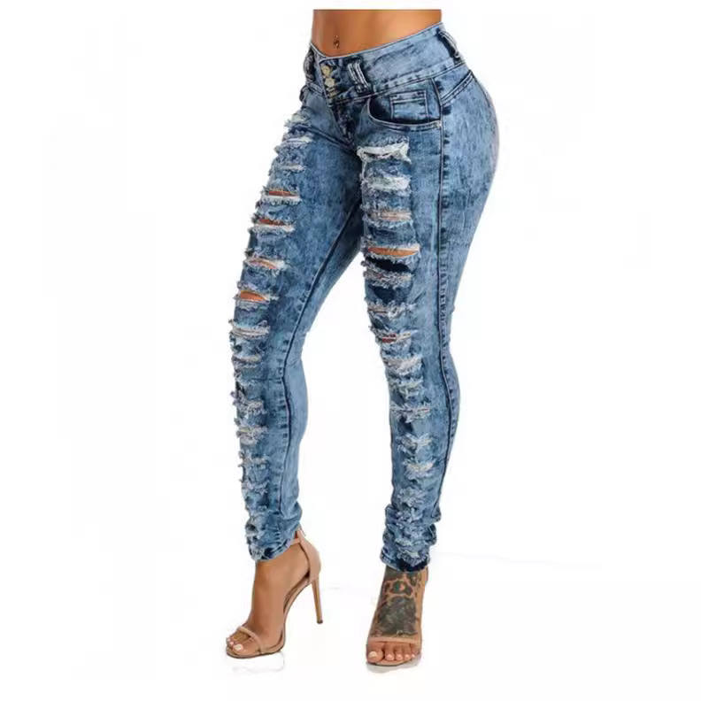 European and American Cross-border Foreign Trade Jeans Ripped High Waist Amazon WISH Buckle Elastic Leg Jeans Women