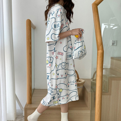 Girl's Nightdress Short-sleeved Korean-style Cartoon Student's Home Clothes Summer Pajamas Thin Large Size Long Over-the-Knee Dress