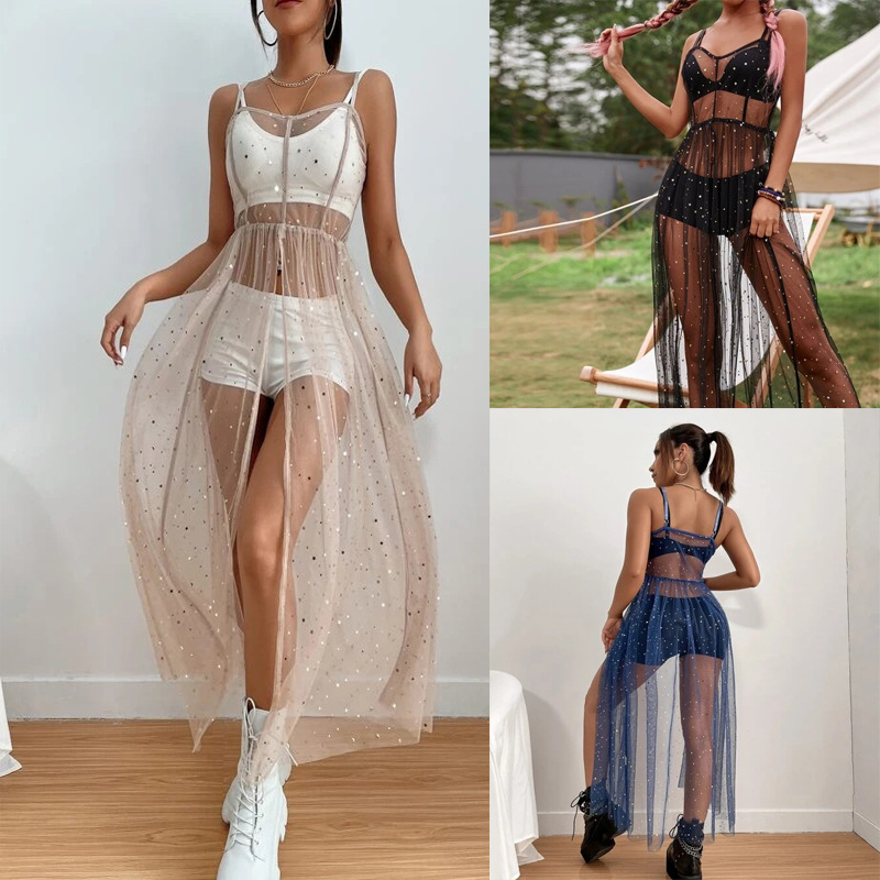 ins Style Street Strap Mesh Bikini Blouse Dress Star Perspective Mesh Sexy Slim Dress