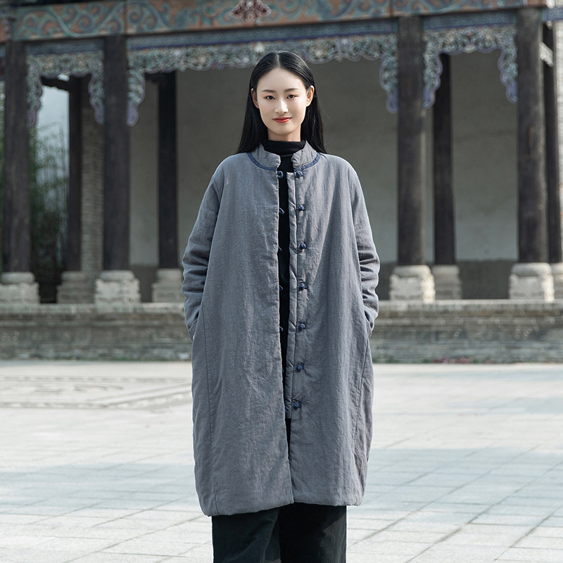 2023 Winter Neue Vintage Chinesischen Stil Vertikale Kragen Chinesischen Stil Kontrast Farbe Platte Schnalle Mittellange Baumwolle gefütterte Jacke Leinen Lose Baumwolle-pad_voghion.com