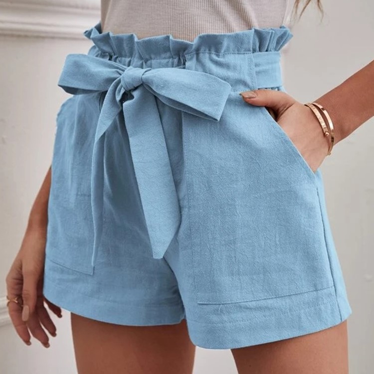 European and American Cross-border New Summer Bow Tie Women's Loose Casual Shorts Pocket Solid Color Large Size High Waist Wide Leg Pants
