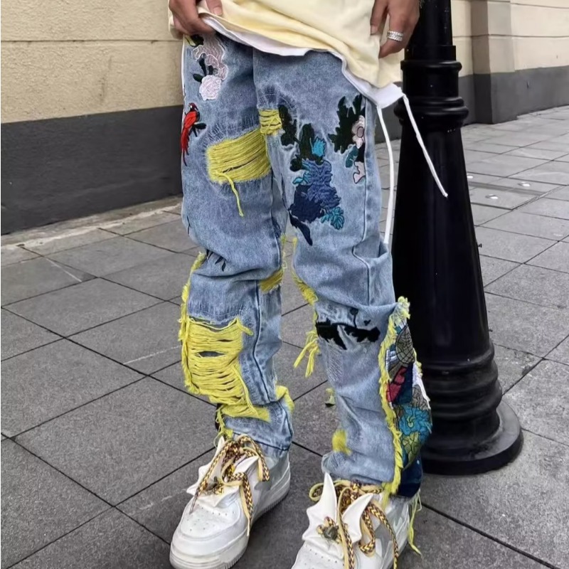 American Style Hong Kong Style Original American Style Street Heavy Embroidered Ripped Jeans Men's 2023 New Long Pants