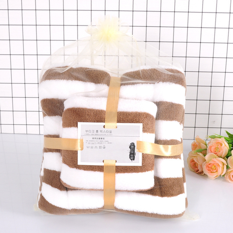 Factory straight hair child and mother towel color stripe warp knitting high density coral velvet towel supermarket LOGO back gift foreign trade Wholesale
