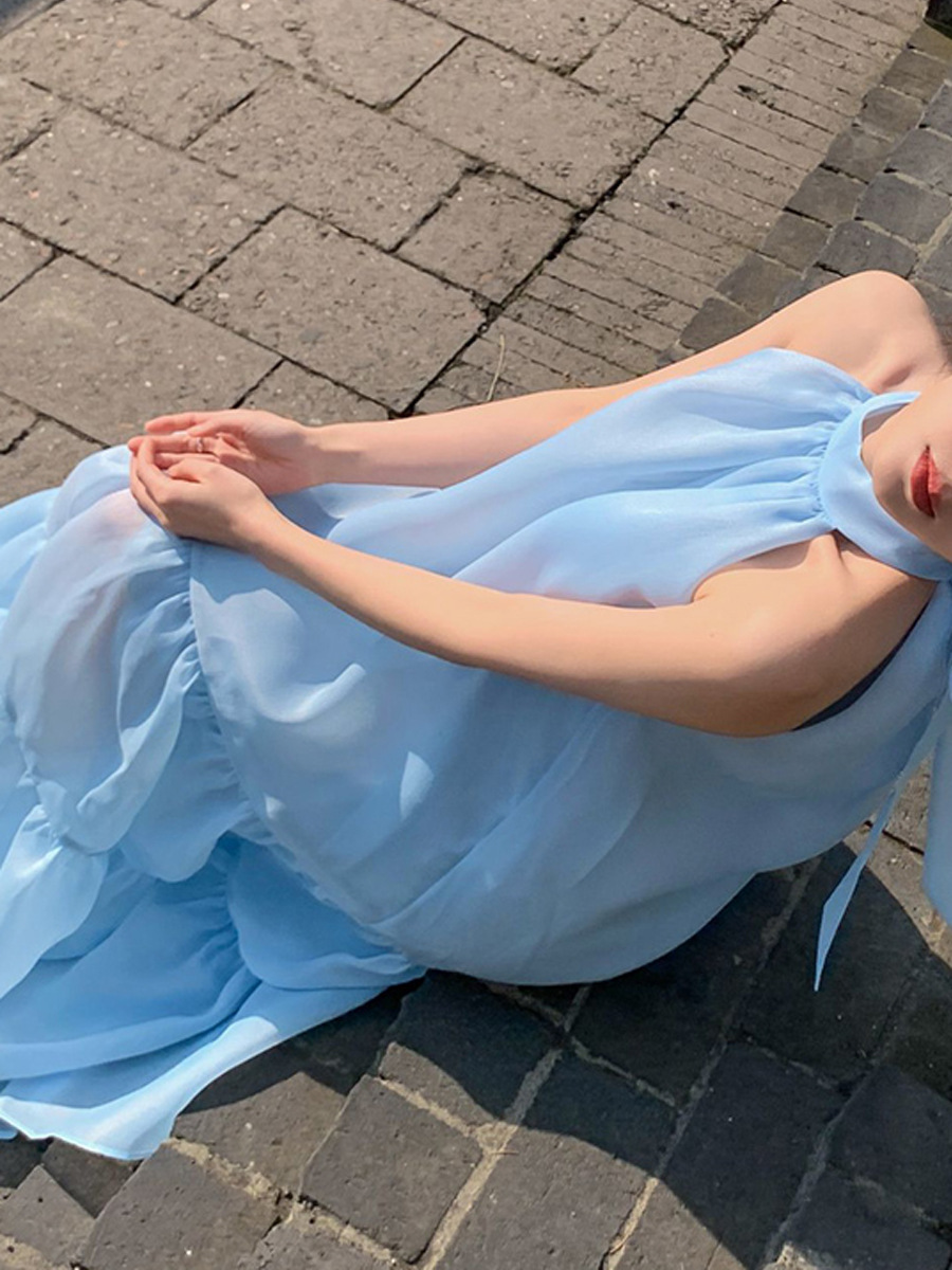 Star White Deer Same Style Blue Bow Neck Sling Dress French Romantic Long Dress Seaside Holiday Dress