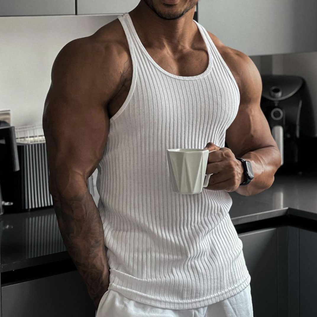 Cross-border summer knitted fitness vest men's I-shaped back slim vertical stripes fashion sportswear breathable training sleeveless