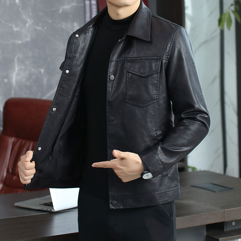 Leather coat men's spring and autumn fashion brand European station casual men's jacket leather jacket high-end lapel printing fashion