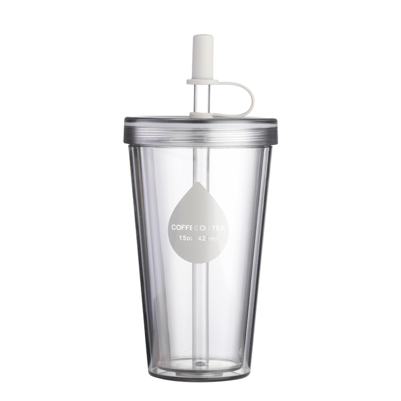 Double-layer straw milk tea cup with lid portable cup milk tea cup fruit tea cup summer student small creative plastic cup