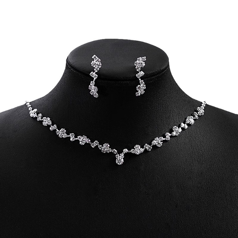 Korean-style bridal jewelry rhinestone necklace women's earrings two-piece set simple suit wedding yarn dress all-match accessories