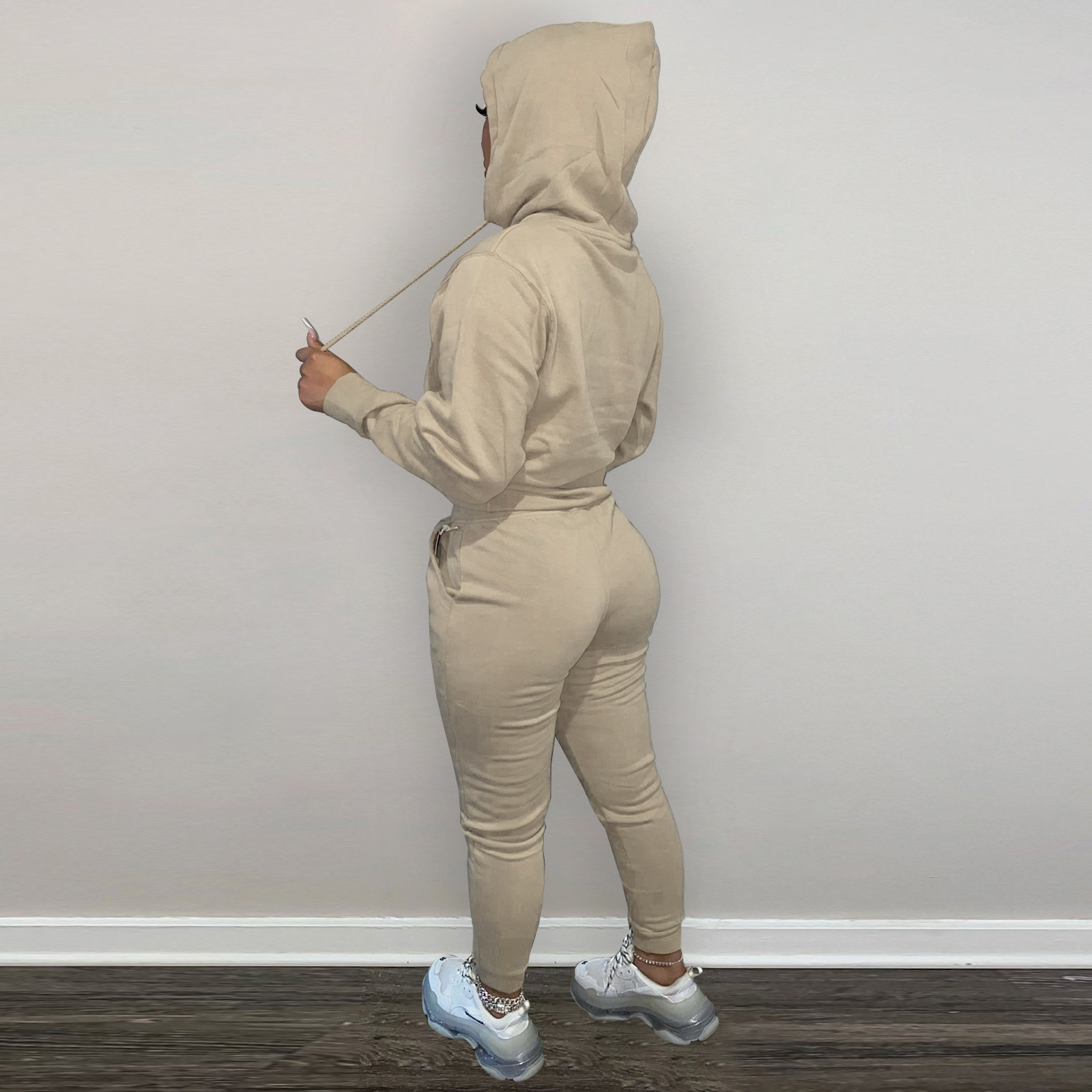 HR8197 European and American women's clothing  independent station supply autumn and winter plus velvet drawstring hooded two-piece set_voghion.com