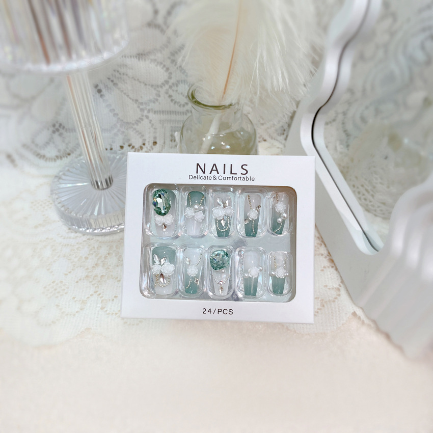 Handmade Nail Wearing Nail Pieces Fake Nail Stickers light gray Green Flowers Refreshing Fake Nail Finished Nail Patch U40