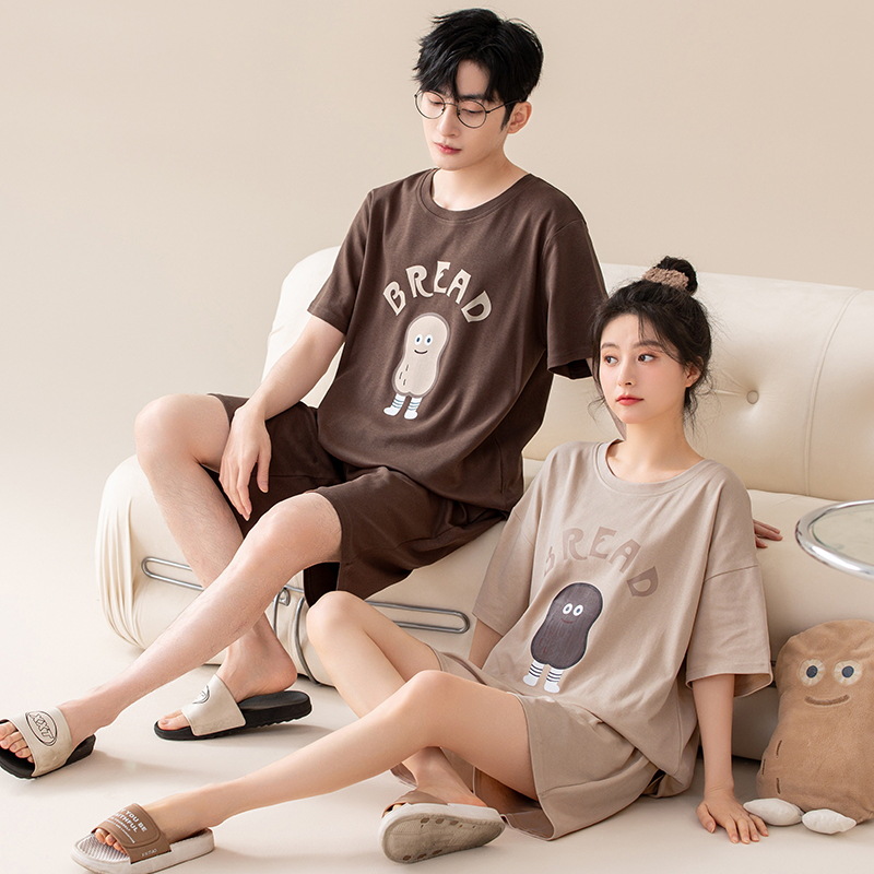 [Antibacterial] Couple Pajamas Summer Cotton Men's and Women's Short Sleeve Cute Cartoon Casual Outwear suit