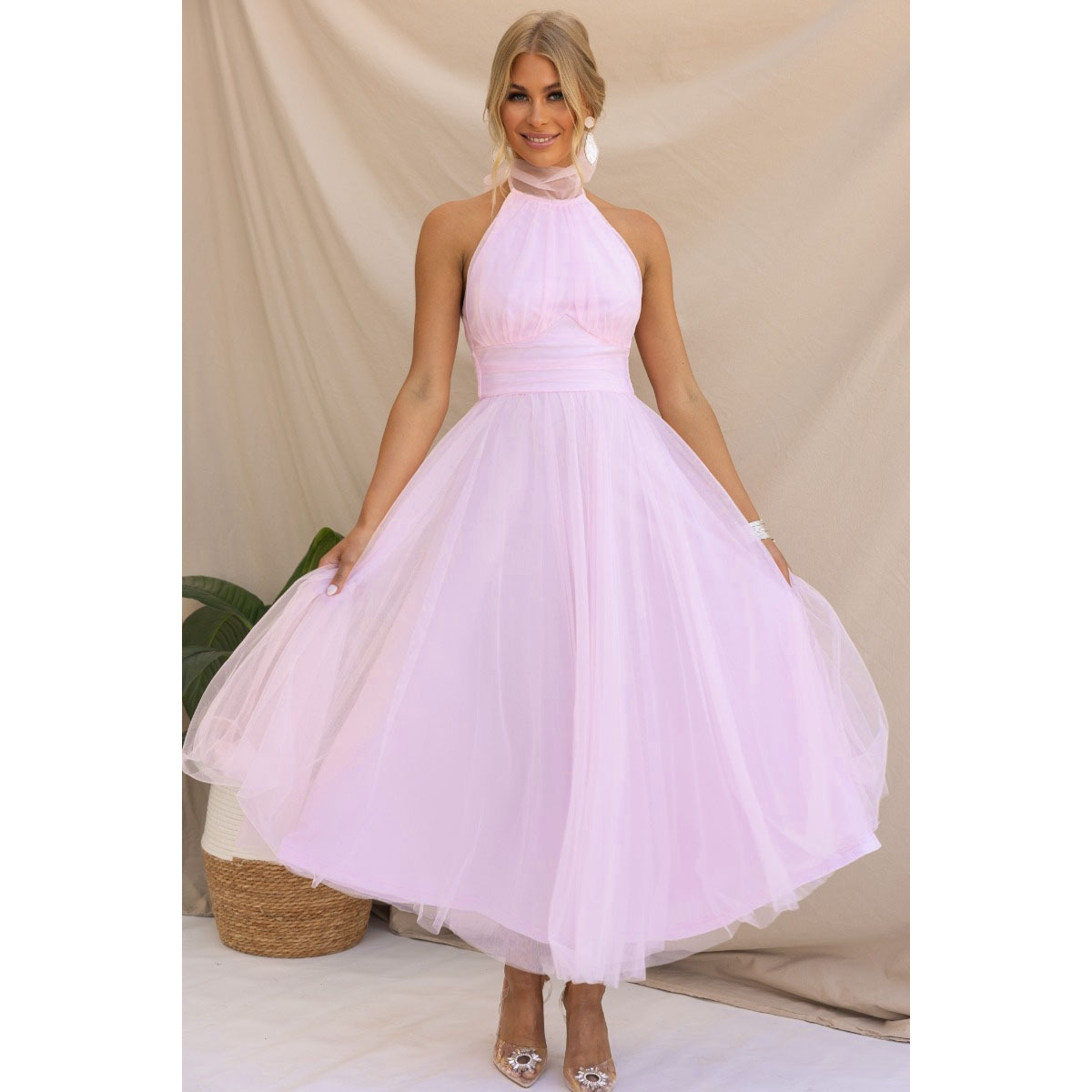 Cross-border 2024 European and American Spring and Summer New Hanging Neck Mesh High Collar Dress INS Casual Vacation Multicolor Dress