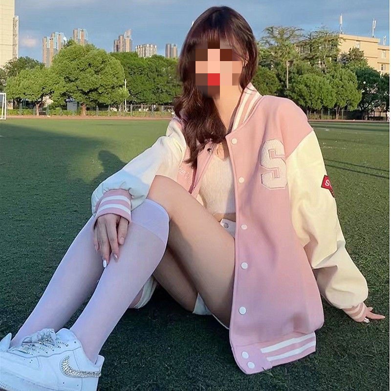 Vintage Academy Style Fleece-lined Pink Baseball Suit Women's Spring and Autumn New All-match Thickened Jacket Cardigan Jacket Women's Coat