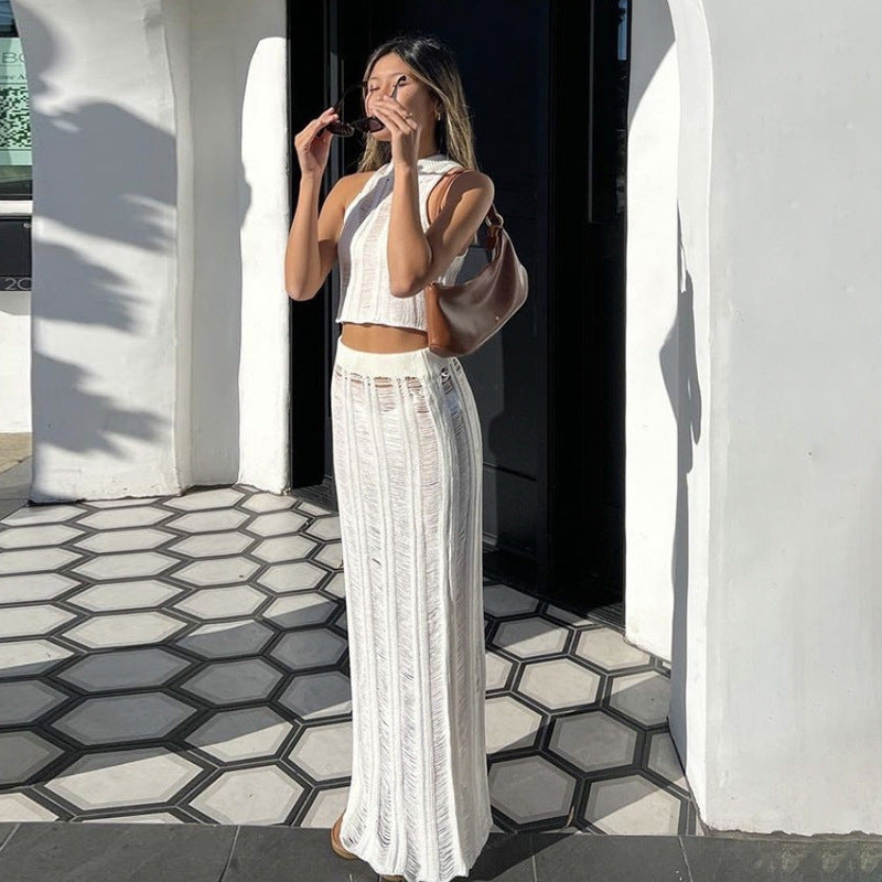 European and American Style 2023 Spring and Summer New Women's Sexy Hollow Perspective Small Vest Slim-fit High Waist Skirt Set for Women
