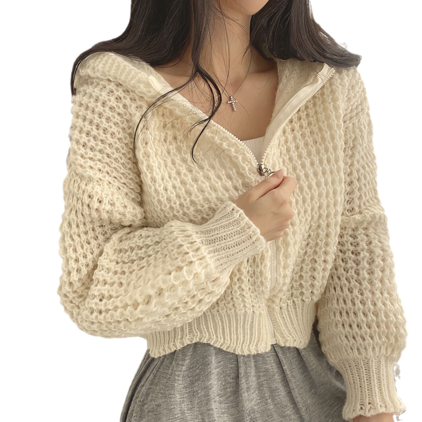 Hooded short sweater coat 2023 autumn and winter New lazy style women's design thick needle lapel loose sweater_voghion.com