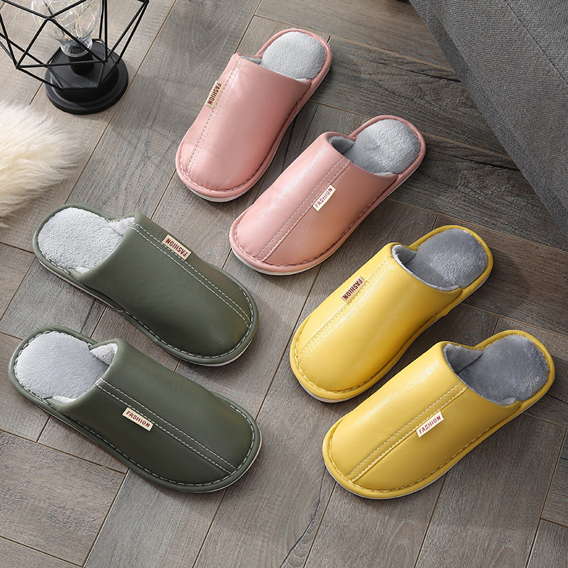 Winter leather cotton slippers women's waterproof non-slip adult home warm indoor winter PU leather slippers men's lovers