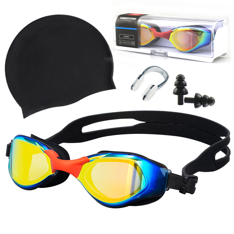 Swimming Goggles Set Adult Swimming Goggles Swimming Cap Four-piece Set Waterproof Anti-fog Swimming Goggles HD Electroplated Swimming Glasses Set