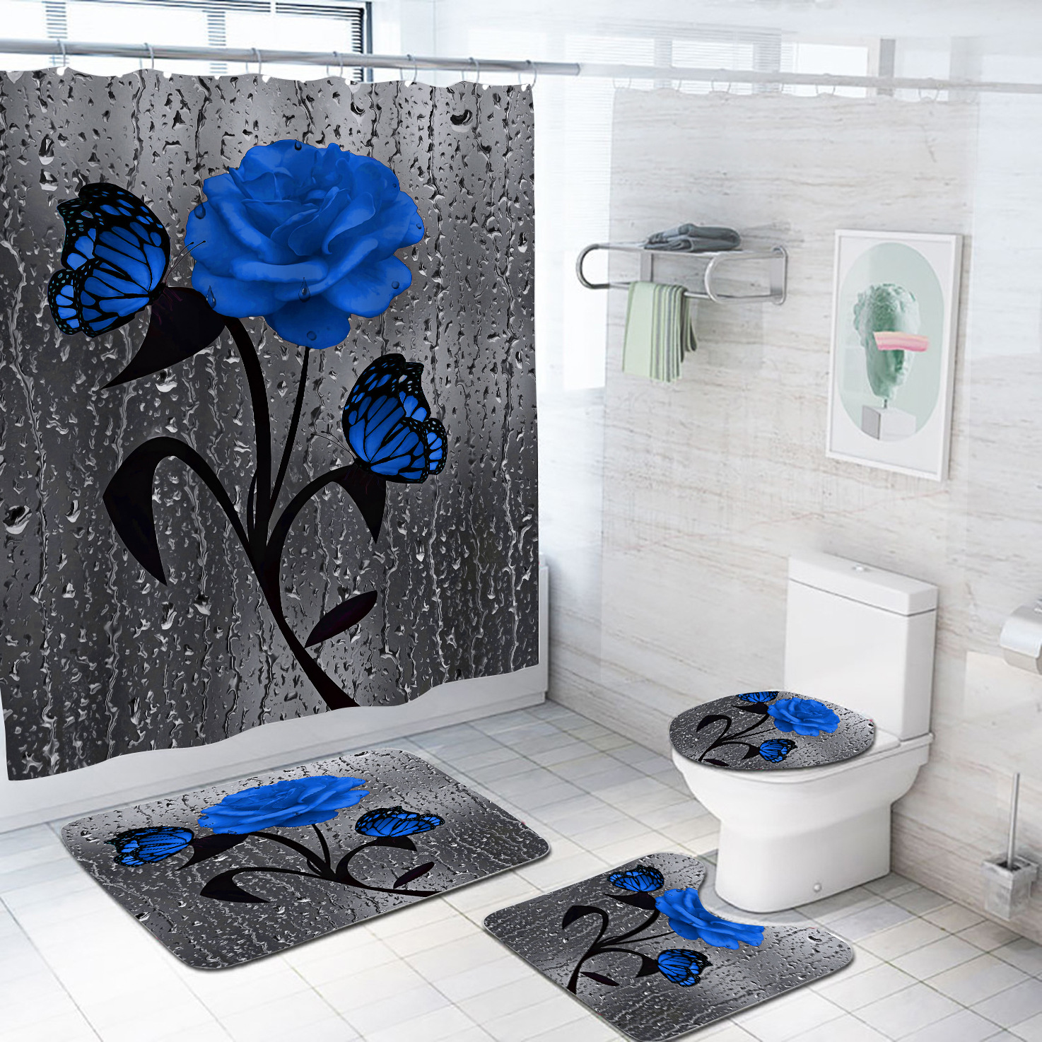Cross-border e-commerce direct supply 3D digital printing waterproof bathroom shower curtain four-piece set to be customized