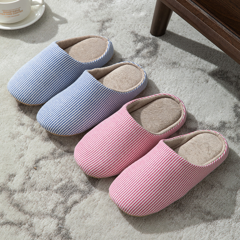 Vertical Stripe Japanese Indoor Home Wooden Wooden Floor Warm Men's and Women's Four Seasons Home Cotton Slippers Solid Color Stripe