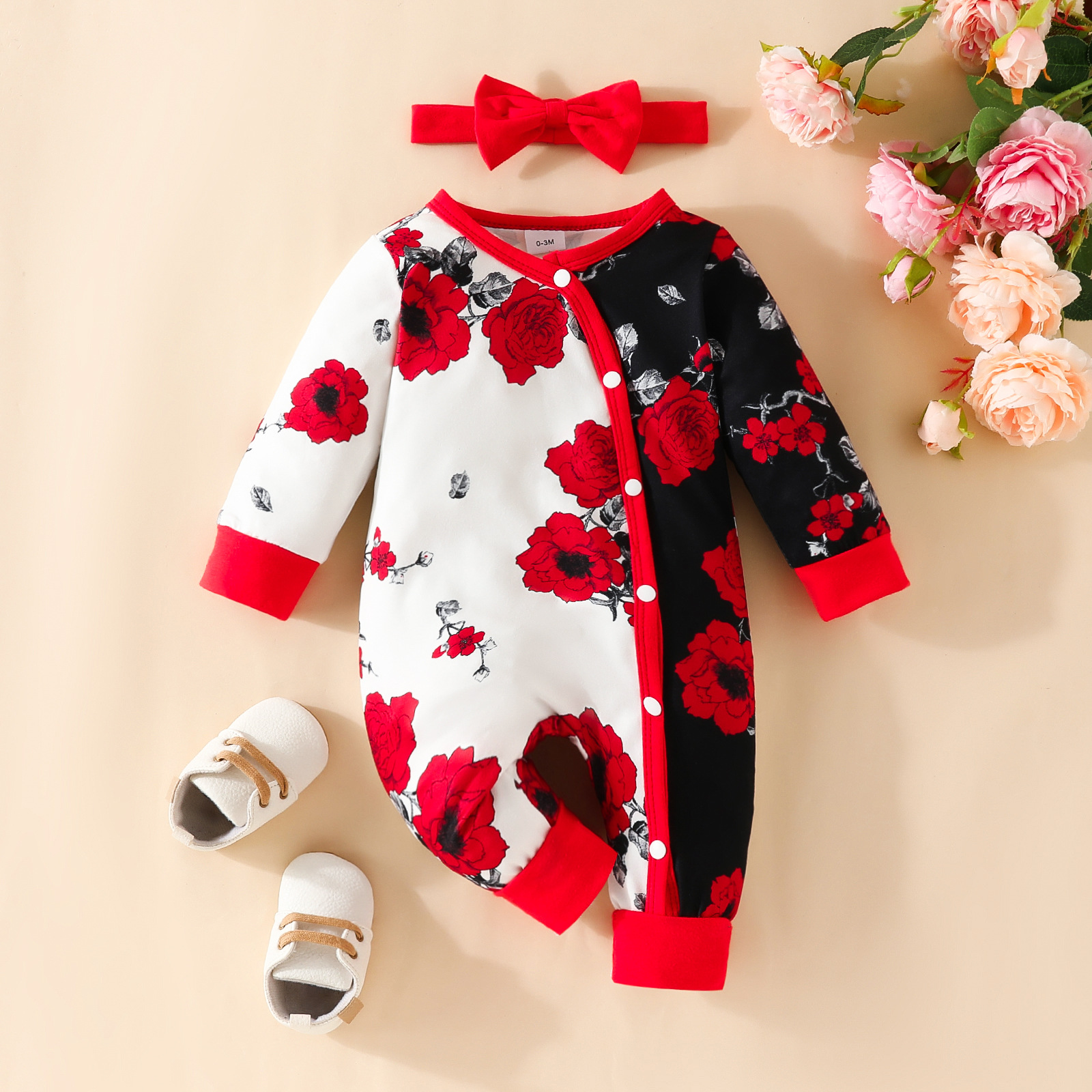 Cross-border New Baby Long-sleeved Long-legged Climbing Suit Big Flower Color-matching Baby Girl Button Clothes Hakka Baby Casual Clothes