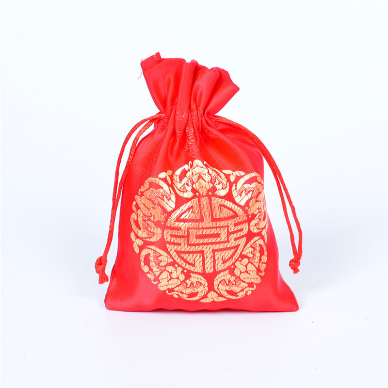 Red Fuzi brocade satin bag drawstring embroidery candy gift packaging bag jewelry storage bag spot