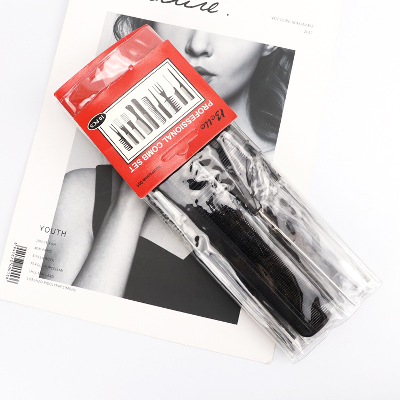 Factory cross-border explosions hairdressing comb set ten-piece set modeling comb pointed tail comb hair salon haircut black plastic comb