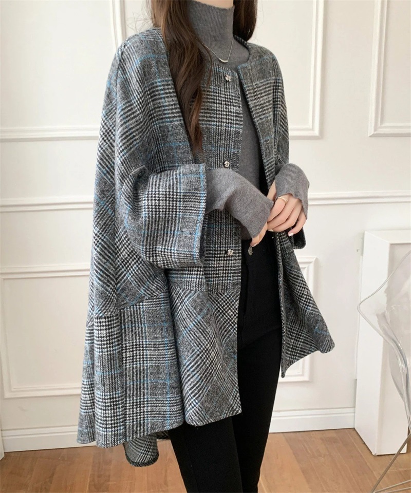 Mid-length cardigan round neck plaid coat cape for women 2024 autumn and winter New Korean style fashion trendy coat for women_voghion.com