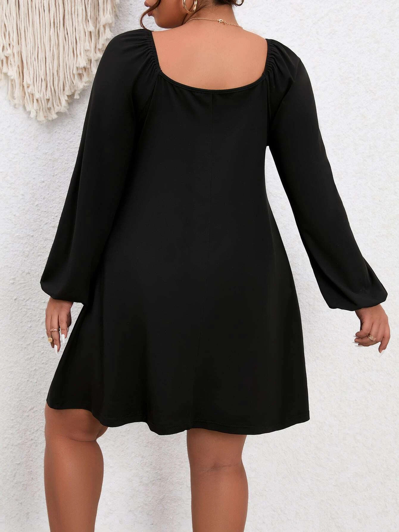 Cross-border European and American plus size women's clothing 2024 autumn and winter new style waist A-line skirt puff sleeves square collar temperament dress