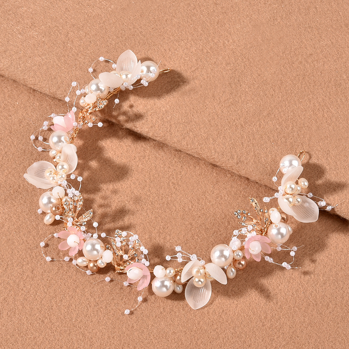 Mai Lang bridal hair band new pearl flower hair band hand woven golden leaf headdress children's headdress