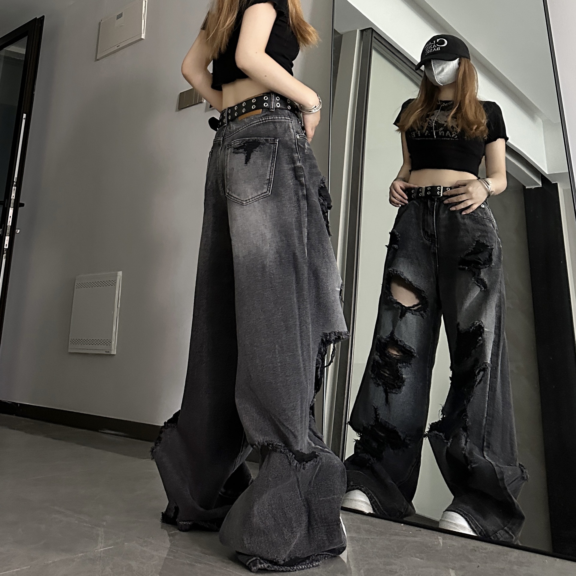 Ripped jeans cool girl outfits high street American pear-shaped body loose straight versatile wide-leg pants spring and autumn