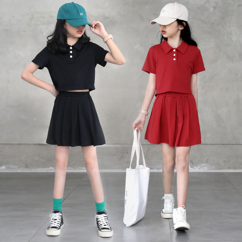 女童套裝夏季2024新款polo領裙褲jk制服套裝紅色中大童裝跨境專供